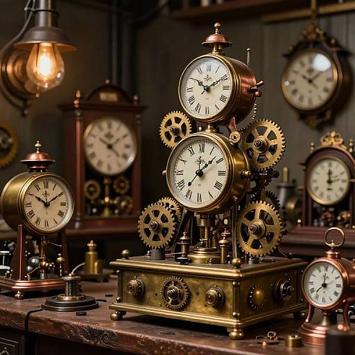Photograph of antique brass and wooden clocks with gears, displayed on a wooden table in a dimly lit, vintage workshop.