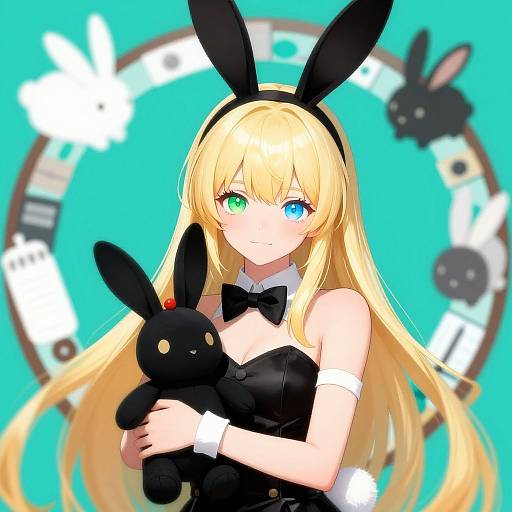 Anime-style digital drawing of a blonde girl with green and blue eyes, black bunny ears, holding a black bunny plushie, against a turquoise background with