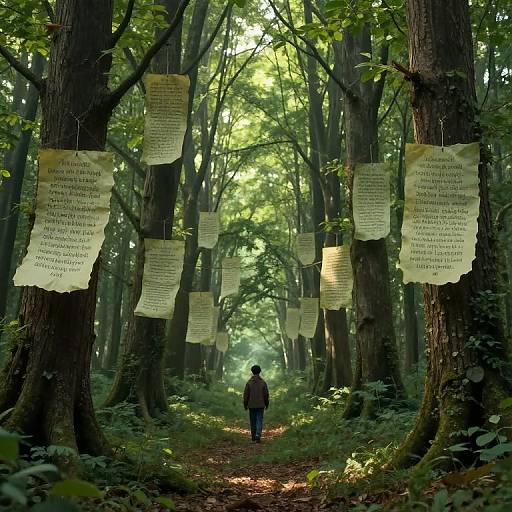Photograph: Solitary person walks down forest path with sunlight filtering through tall trees, surrounded by hanging yellow papers with black text.