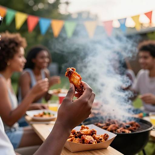 Photograph of diverse group of friends enjoying outdoor BBQ, with a hand holding a smoked chicken wing, colorful bunting in background.