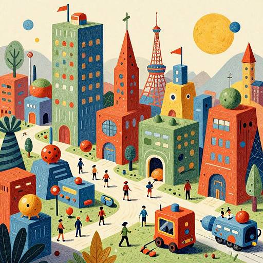 Vibrant, whimsical digital illustration of a cityscape with colorful, abstract buildings, small people, and vehicles, featuring a large sun and E