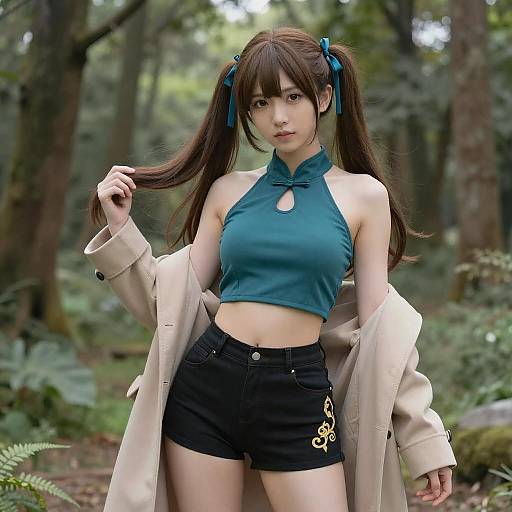 Anime Woman in Lush Forest Landscape