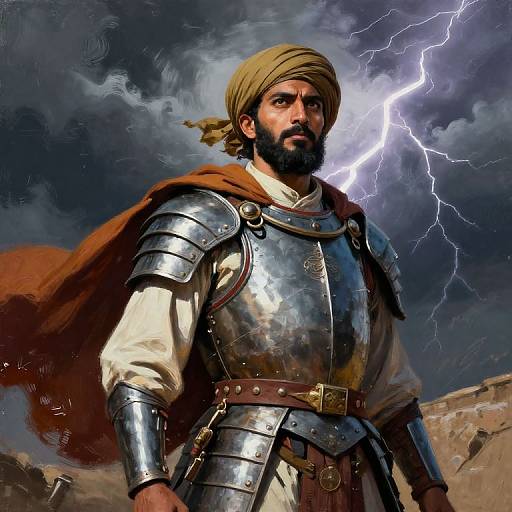 Digital painting of a bearded warrior with a tan turban, silver armor, and red cape, standing against a stormy sky with lightning.