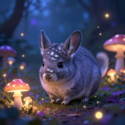 Photorealistic digital artwork of a glowing, fluffy gray bunny with sparkling fur, surrounded by illuminated mushrooms and tiny fireflies in a magical, blue twilight