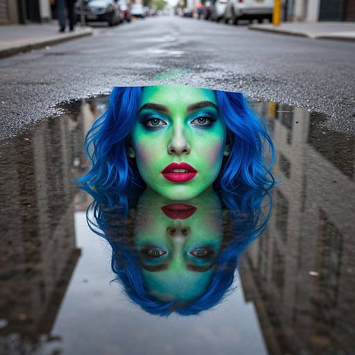 Photorealistic digital art: Vibrant blue-haired woman with green makeup and red lipstick, staring upwards, reflected in a street puddle. Urban background