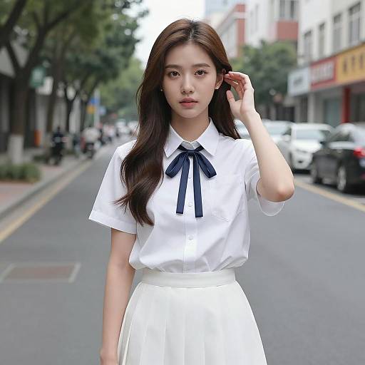 Asian Woman in White Outfit on City Street