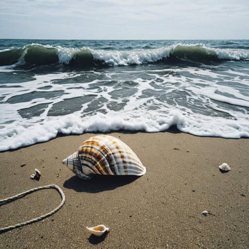 Seashell on Sandy Beach Near Ocean Waves
