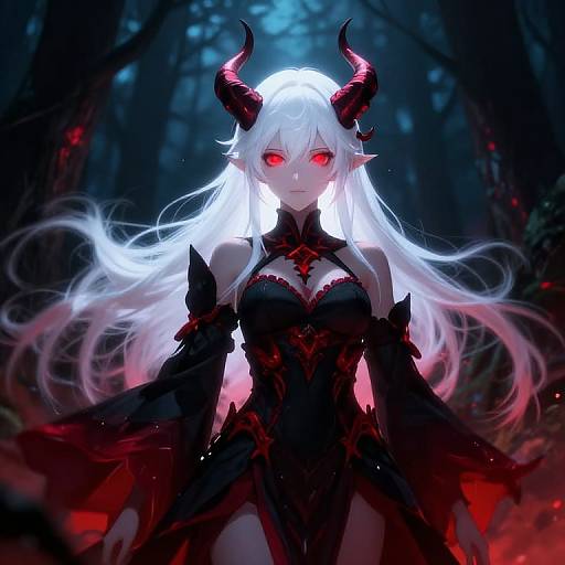 Digital anime-style illustration of a white-haired, red-eyed demon woman with black horns, wearing black and red armor, standing in a dark, glowing forest