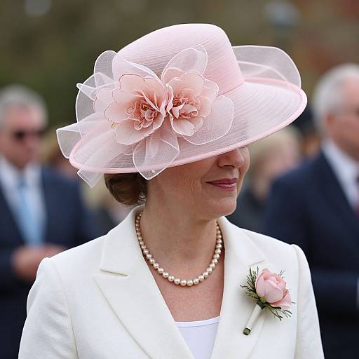 Photograph of an elegant woman in a white suit and pink flowered hat, wearing a pearl necklace, with a pink rose brooch, smiling in