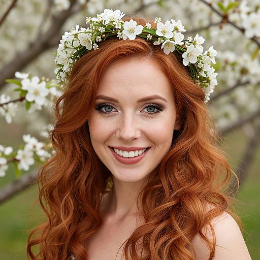 Photograph of a smiling red-haired woman with blue eyes, wearing a white flower crown, set against a blurred springtime tree background.