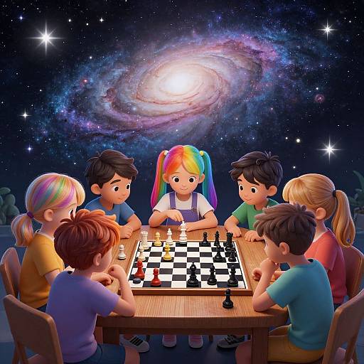 Digital illustration of six children with diverse hair colors playing chess under a vibrant galaxy night sky, seated around a wooden table.