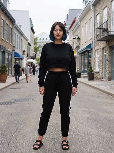 Photograph of a young woman with short black hair, wearing a black crop top and high-waisted black pants, standing confidently in a narrow,
