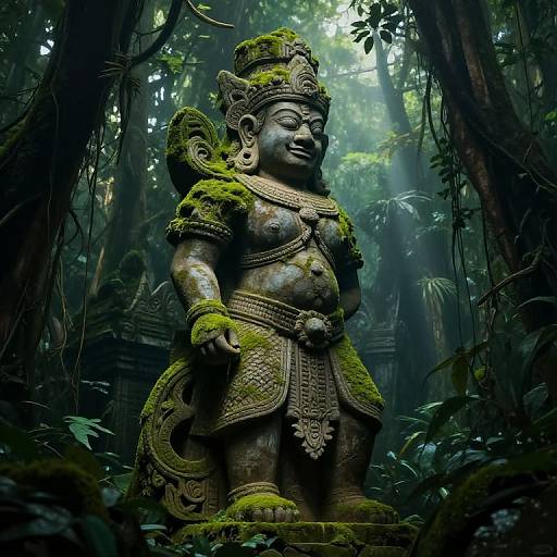 Photograph of a moss-covered, stone Hindu deity statue with ornate headdress and jewelry, standing in a dense, misty jungle.