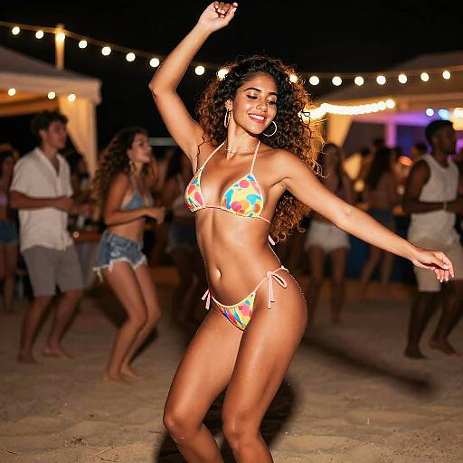Photograph of a curly-haired, tan-skinned woman in a colorful bikini dancing at a nighttime beach party, surrounded by lit string lights and smiling,