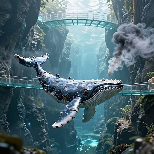 CGI image of a futuristic, steam-spewing, mechanical blue whale flying through a lush, underwater canyon with a glass bridge above.