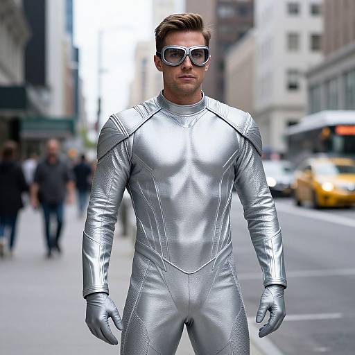 Photograph of a handsome man with short brown hair, wearing a shiny silver superhero suit, white gloves, and large sunglasses, standing on a bustling city