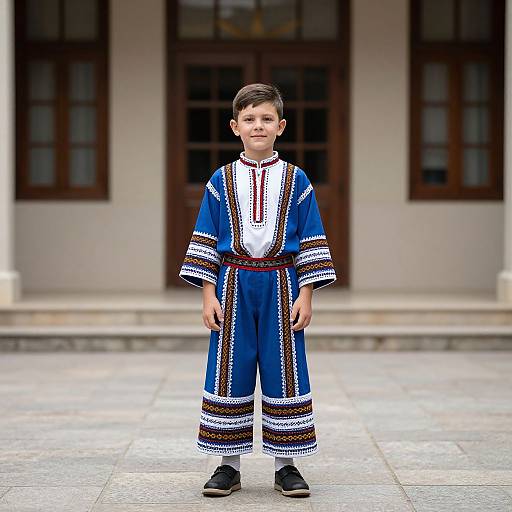 Photograph of a young boy with short brown hair, wearing a blue traditional embroidered tunic, white shirt, black shoes, standing in front of a