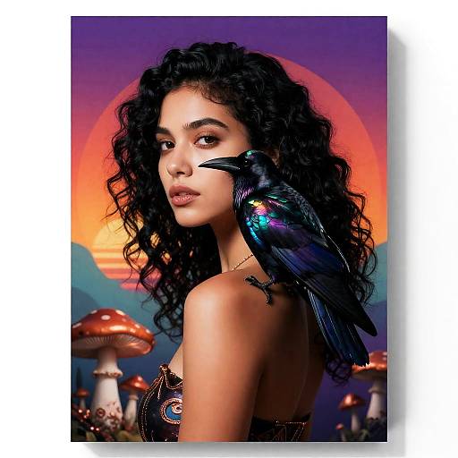 Woman with Iridescent Raven on Shoulder