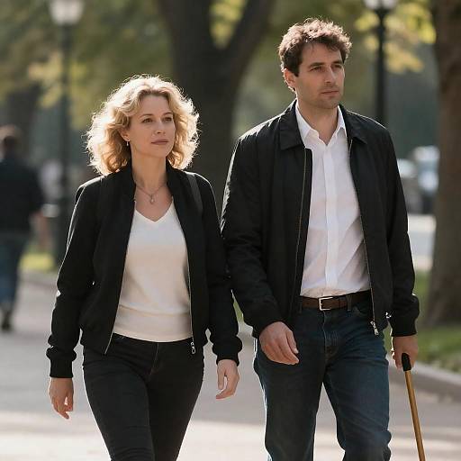 Sunlit Park Stroll: Couple with Cane