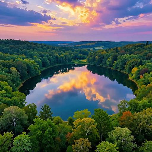 Aerial photograph of a serene lake reflecting a vibrant sunset over a lush, green forest with varied tree colors under a dramatic, cloud-streaked sky