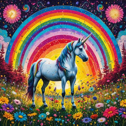 Unicorn in Vibrant Rainbow Meadow