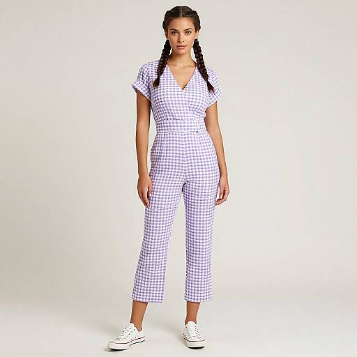 Photograph of a woman with dark skin and braided hair, wearing a white and purple checkered jumpsuit and white sneakers, standing against a plain