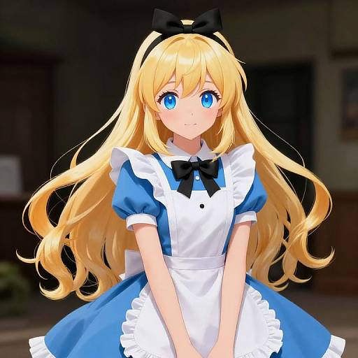 Digital anime-style drawing of a blonde girl with long hair, blue eyes, wearing a blue and white maid dress with black bow. Background is dark and