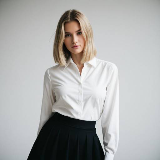 Blonde Woman in Minimalist White Blouse and Black Skirt