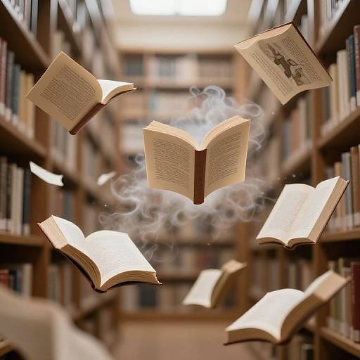 Photograph of open books floating in a library, surrounded by wisps of magical smoke, with bookshelves in the blurred background.