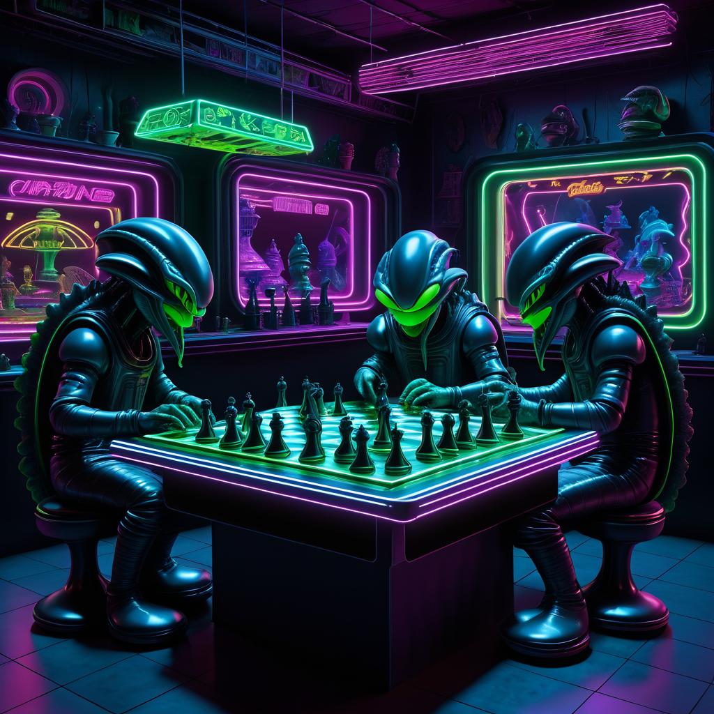 Tense Alien Chess Match in Neon Arcade