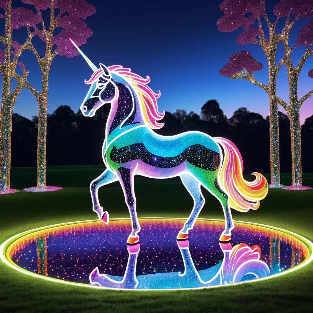 Neon Chrome Unicorn in Colorful Meadow