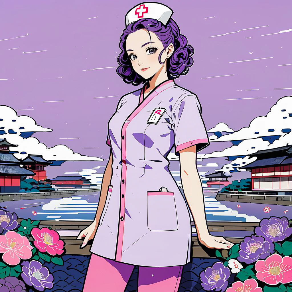 Purple-Haired Nurse in Ukiyo-E Style