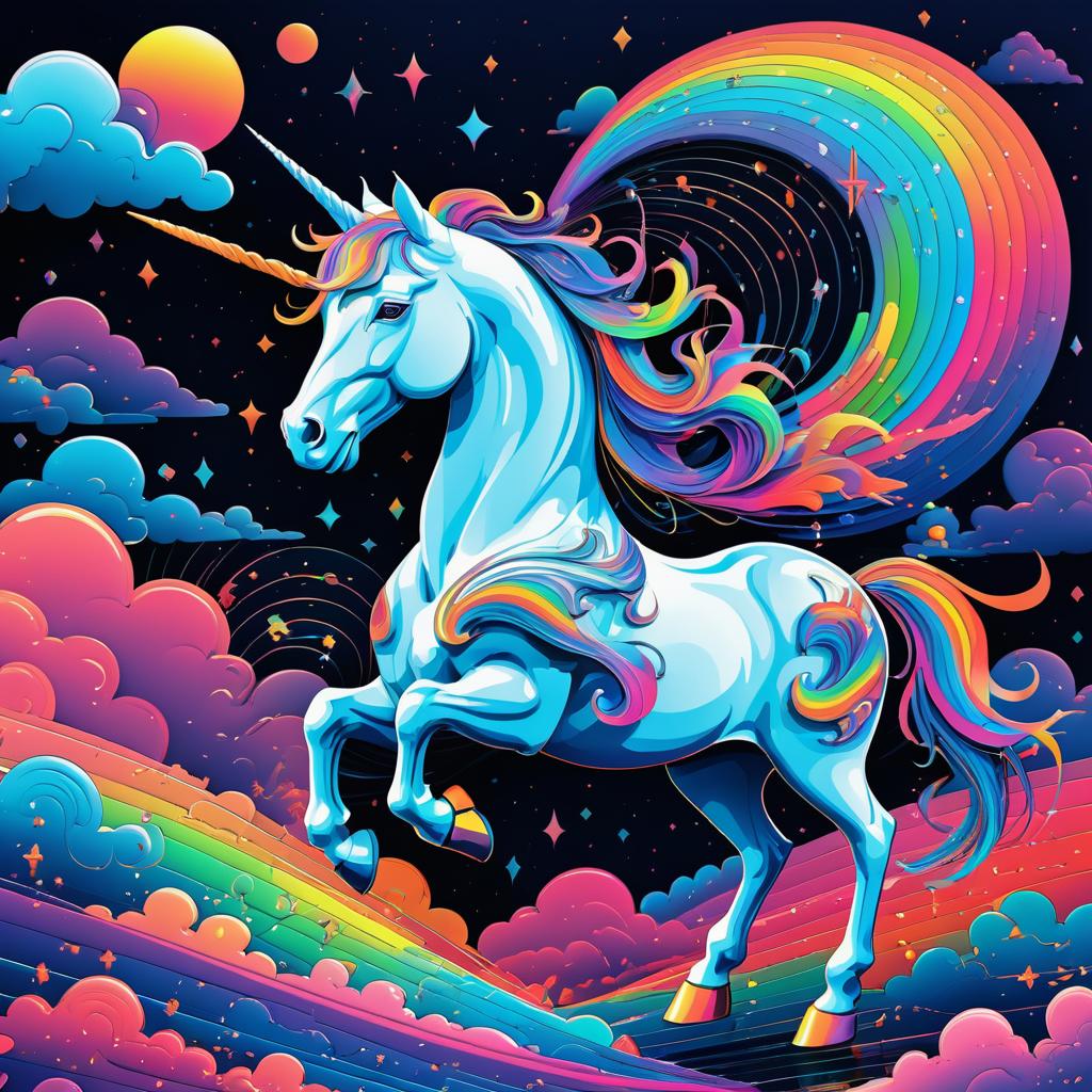 Whimsical Unicorn in Psychedelic Landscape