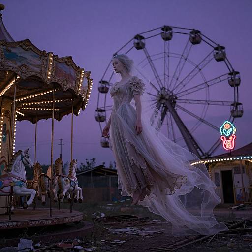 Ethereal Victorian Ghost in Abandoned Amusement Park
