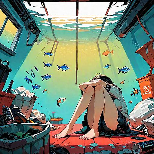Underwater Girl Surrounded by Trash and Fish