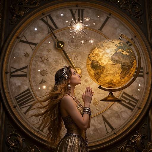 Photograph-style digital artwork of a long-haired woman in a gold dress, praying before a glowing, golden globe against a large, antique clock face.