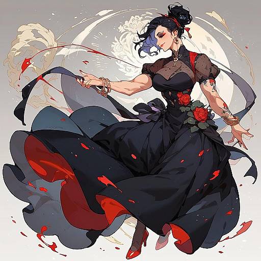 Muscular Goth in Rose-Patterned Ballroom Dress