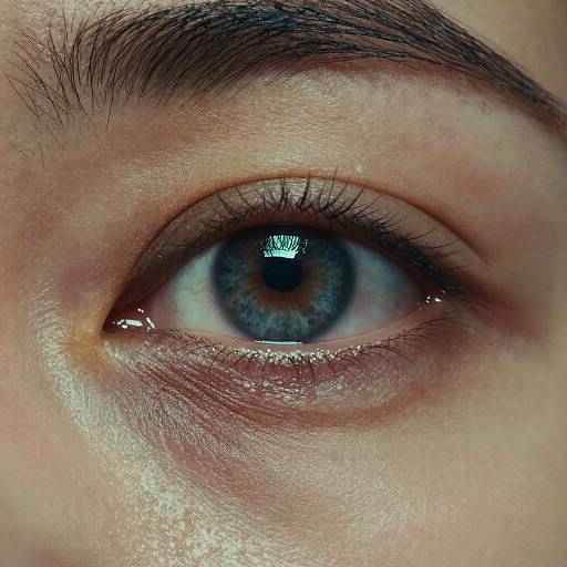 Close-up photograph of a blue-eyed human face, focusing on the detailed iris, pupil, and surrounding skin with visible pores and slightly arched eyebrows.