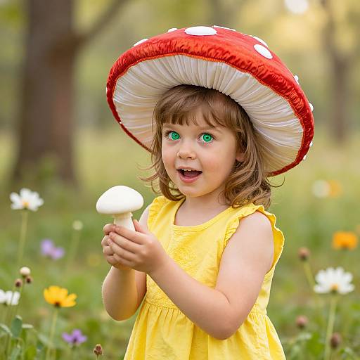 Playful Child in Mushroom Meadow