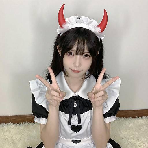 Cheerful Maid Pose with Peace Signs