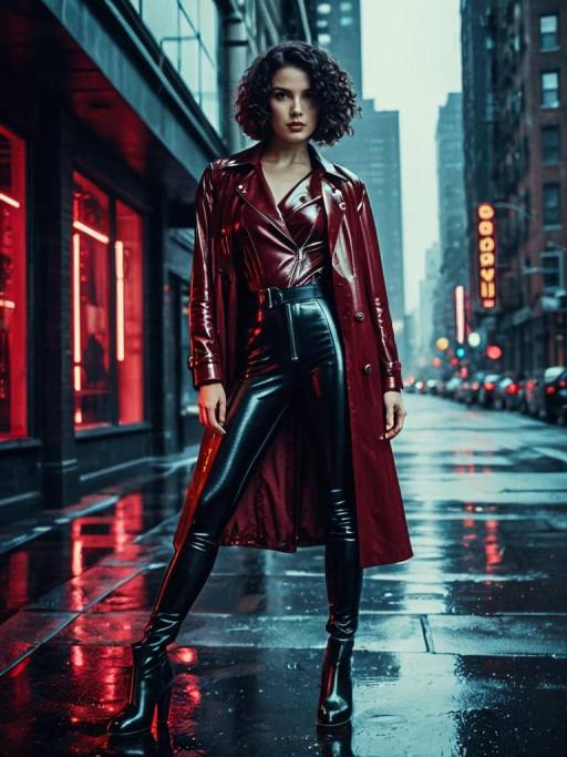 Neo-Noir Woman in Leather and Latex Outfit on Rainy Urban Street