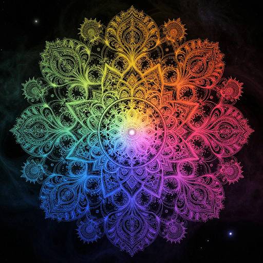 Colorful, intricate mandala-like fractal pattern in neon hues of yellow, green, blue, pink, and red against a black cosmic background.