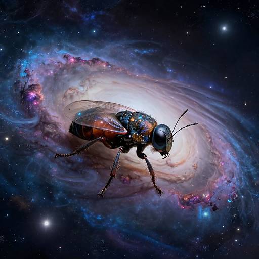 Digital artwork of a brightly colored, detailed insect with translucent wings, hovering within a vibrant, swirling galaxy filled with stars.