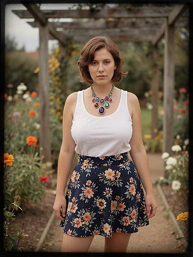 Photograph of a young woman with short brown hair, wearing a white tank top and floral blue skirt, standing in a colorful garden with a wooden perg