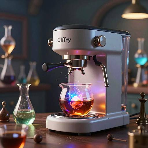Photograph of a white Oster espresso machine with a glass cup glowing with colorful lights, set in a dimly-lit, vintage-style bar.