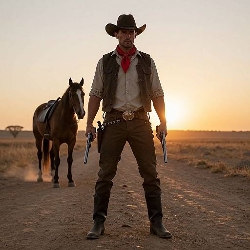 Photograph of a rugged cowboy with black hat, vest, and red bandana, holding two guns, standing on dirt road at sunset with a sadd