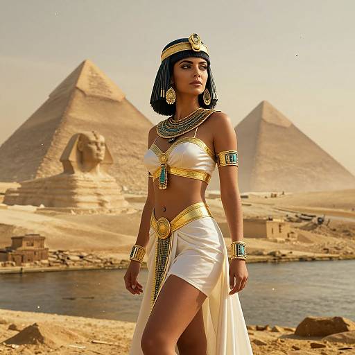 Digital artwork of an Egyptian woman in traditional attire with gold and turquoise accents, standing before pyramids with a Sphinx and ancient buildings in the background.