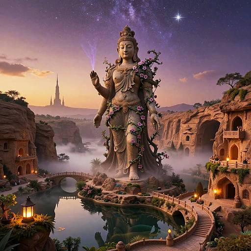 Giant Statue with Flowering Vines in Desert Oasis