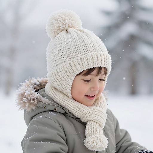 Photograph of a smiling young boy with fair skin, wearing a white knit hat, scarf, and gray winter coat, standing in a snowy, blurred