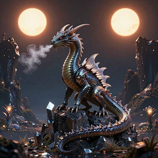 CGI fantasy scene of a fierce, silver-scaled dragon with glowing spikes, breathing steam, standing on jagged rocks under two bright full moons.